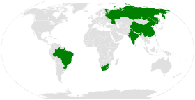 World map with BRICS countries highlighted